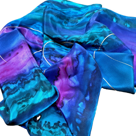 Artisan Hand Painted Pure Silk Scarf Gem Tone Colors Gold Swirls Long Rectangle - Picture 11 of 11